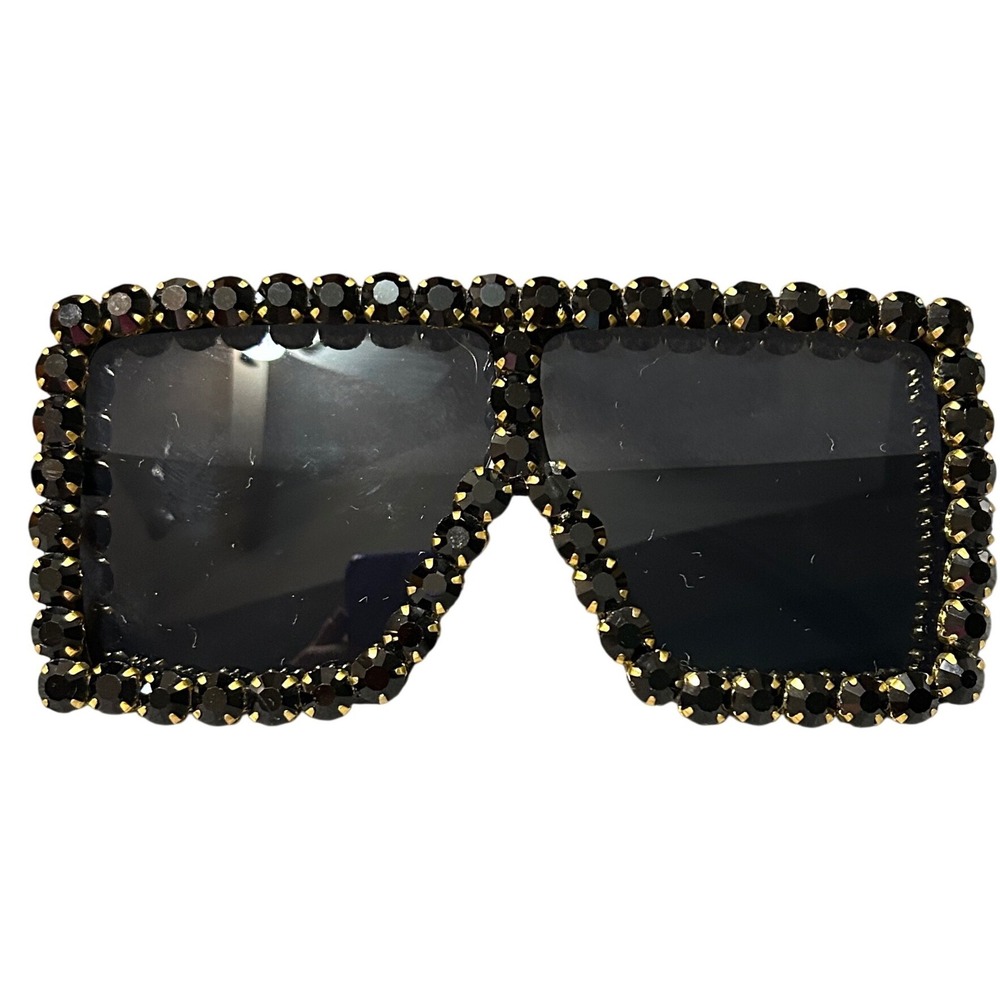Oversized Square Rhinestone Sunglasses Black Gold Embellished Shield